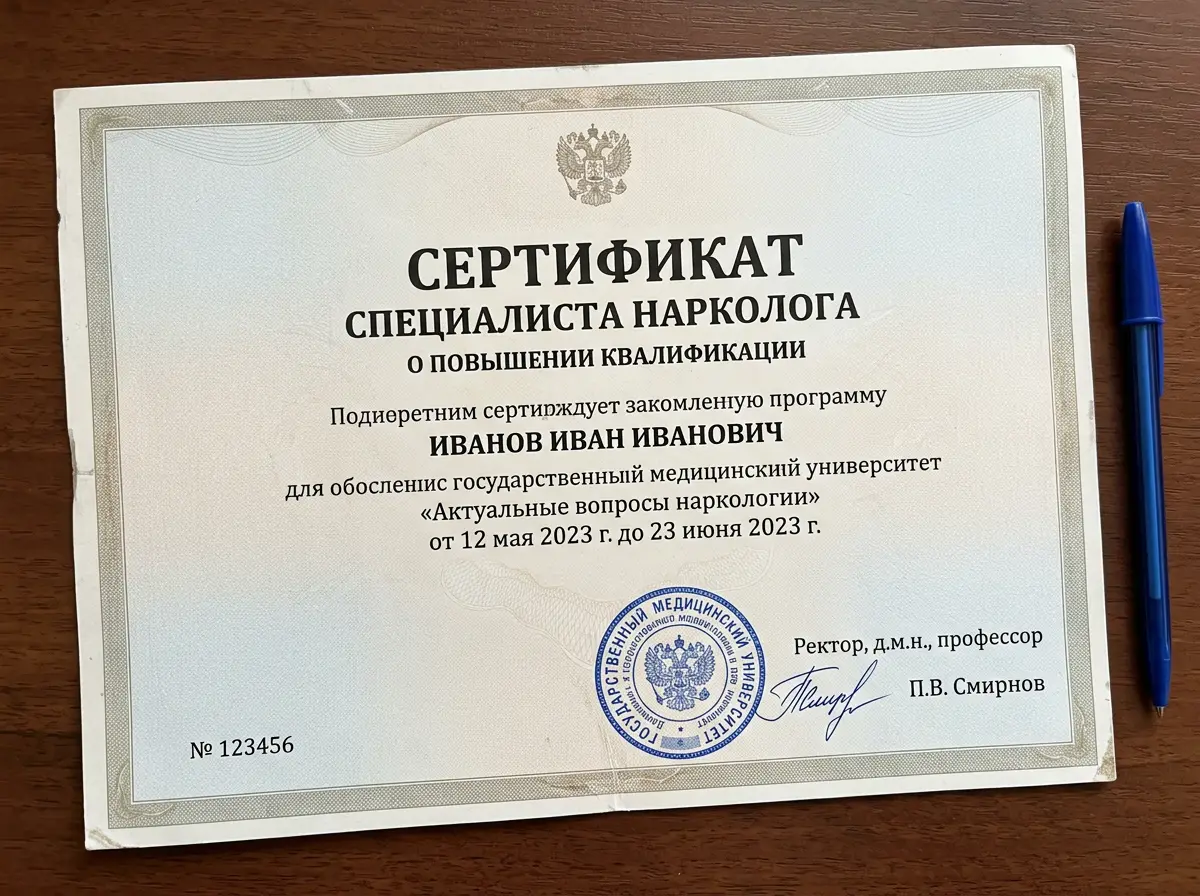 Сертификат специалиста нарколога о повышении квалификации — официальный бланк с подписью и печатью медицинского вуза, хорошо читаемый